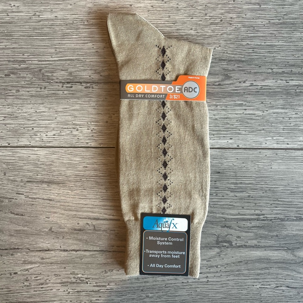 Goldtoe All Day Comfort Men’s AquaFX Jersey Dress Sock Khaki Pima Cotton NWT